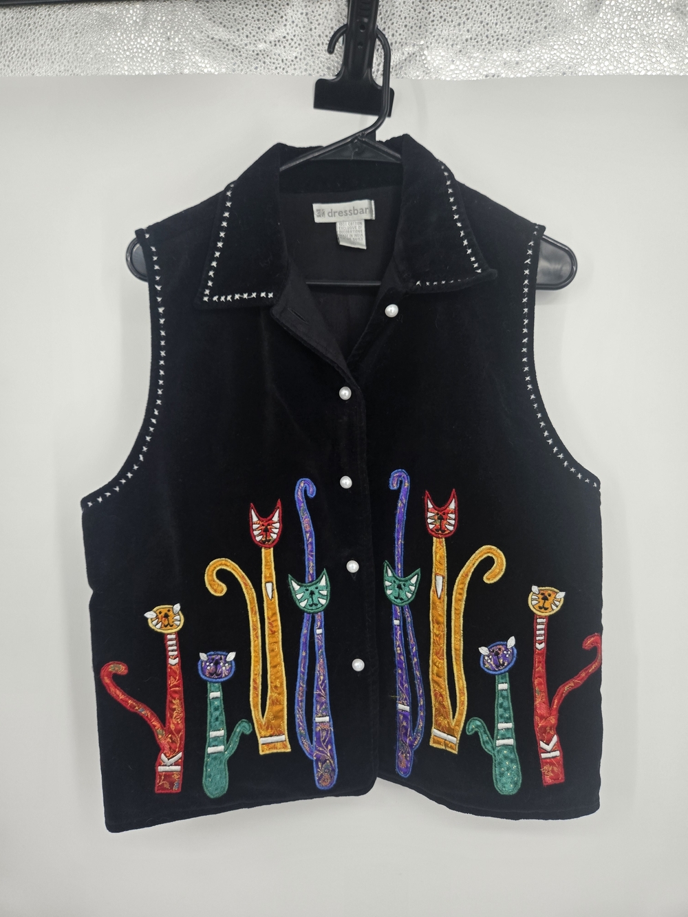dressbarn Black Velvet Cat Embroidered Vest Vintage Medium (8652)
